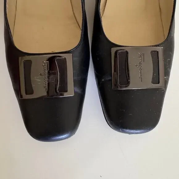Salvatore Ferragamo Black Leather Nero Nappa Kid Pump Block Heels Italy 8.5 - Picture 4 of 12